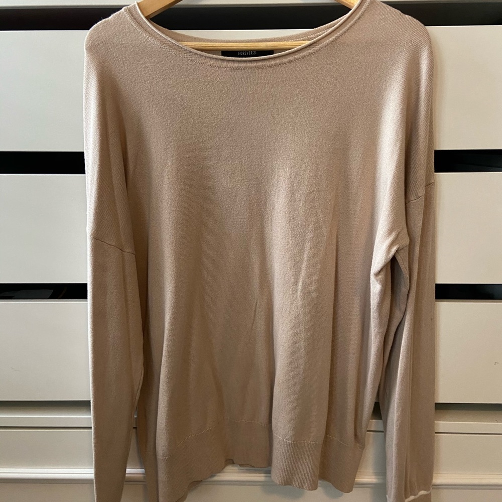 Tan Sweater with White Line Cuff Detail